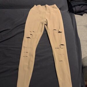 Rare ALO Yoga Women's Leggings in Tan with Distressed Slits